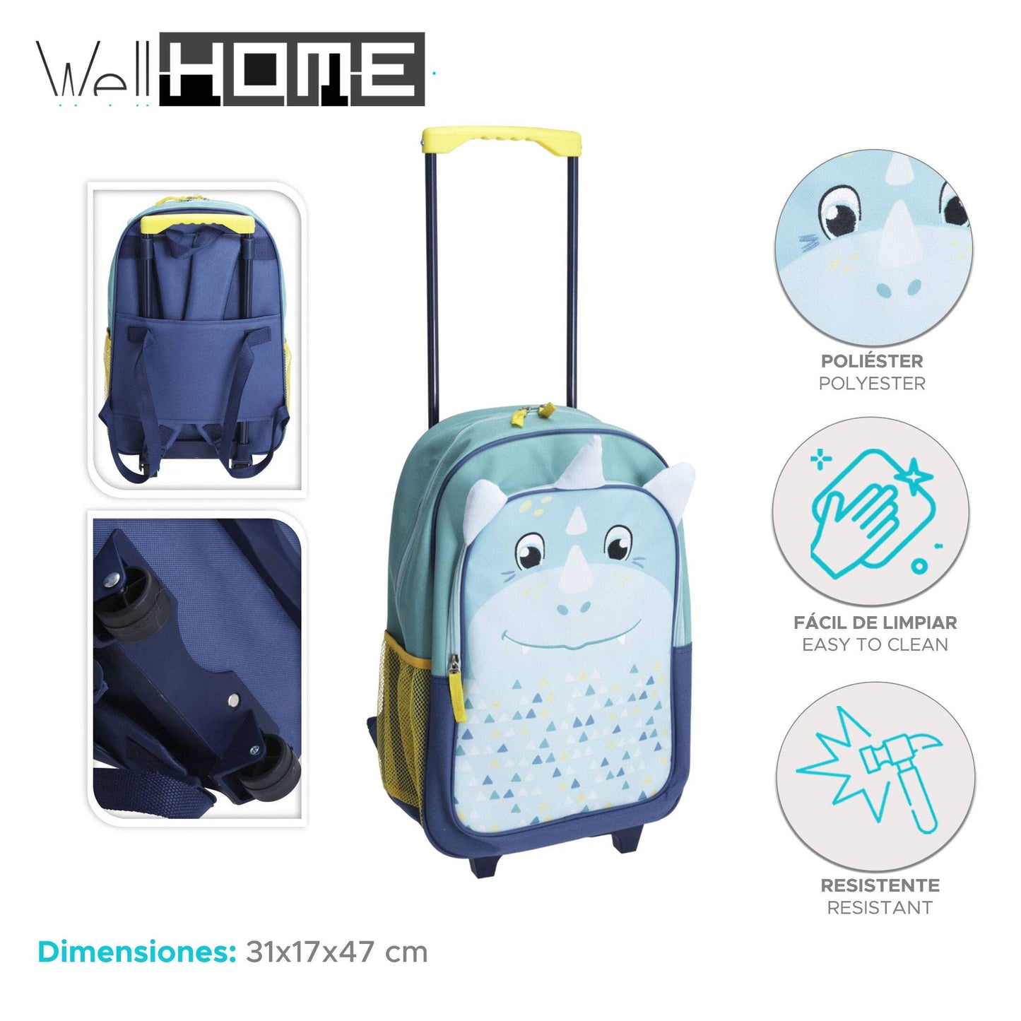Well Home Mochila Infantil Con Ruedines Diseño Dino En Poliéster 31x17x47cm
