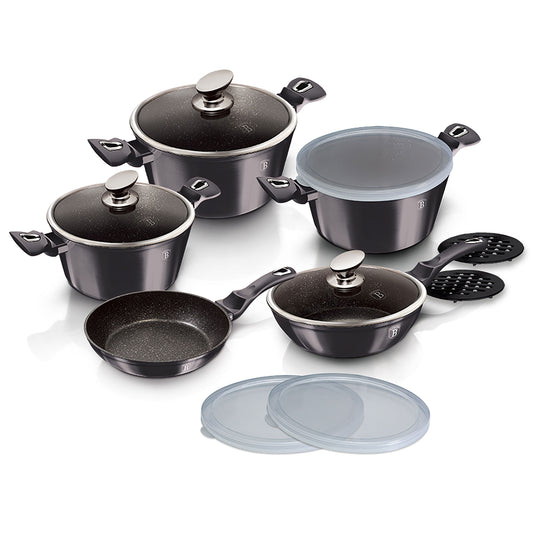 Batería Cocina Inducción 13 Piezas, Antiadherente Sin Pfoa, Aluminio, Cazuelas Sartenes Tapas Berlinger Haus Carbon Pro Gris Oscuro