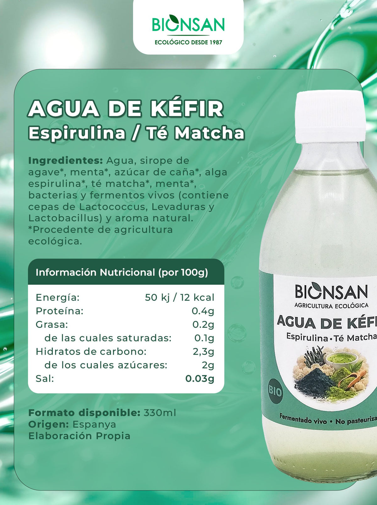 Agua De Kefir Espirulina Té Matcha Eco Bionsan33cl_1