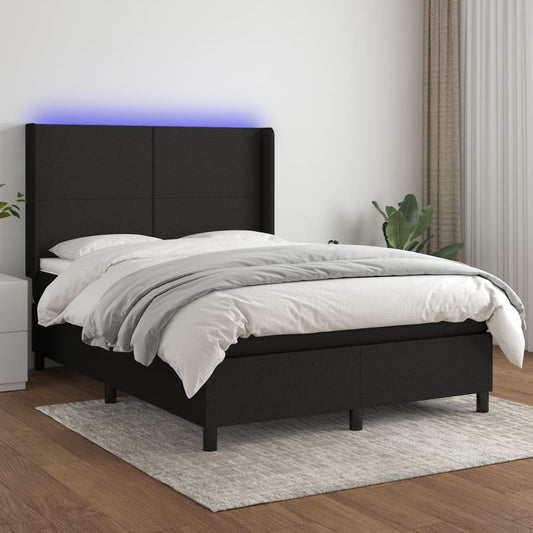 Cama Box Spring Colchón Y Luces Led Tela Negro 140x200 Cm / Vetonek_0