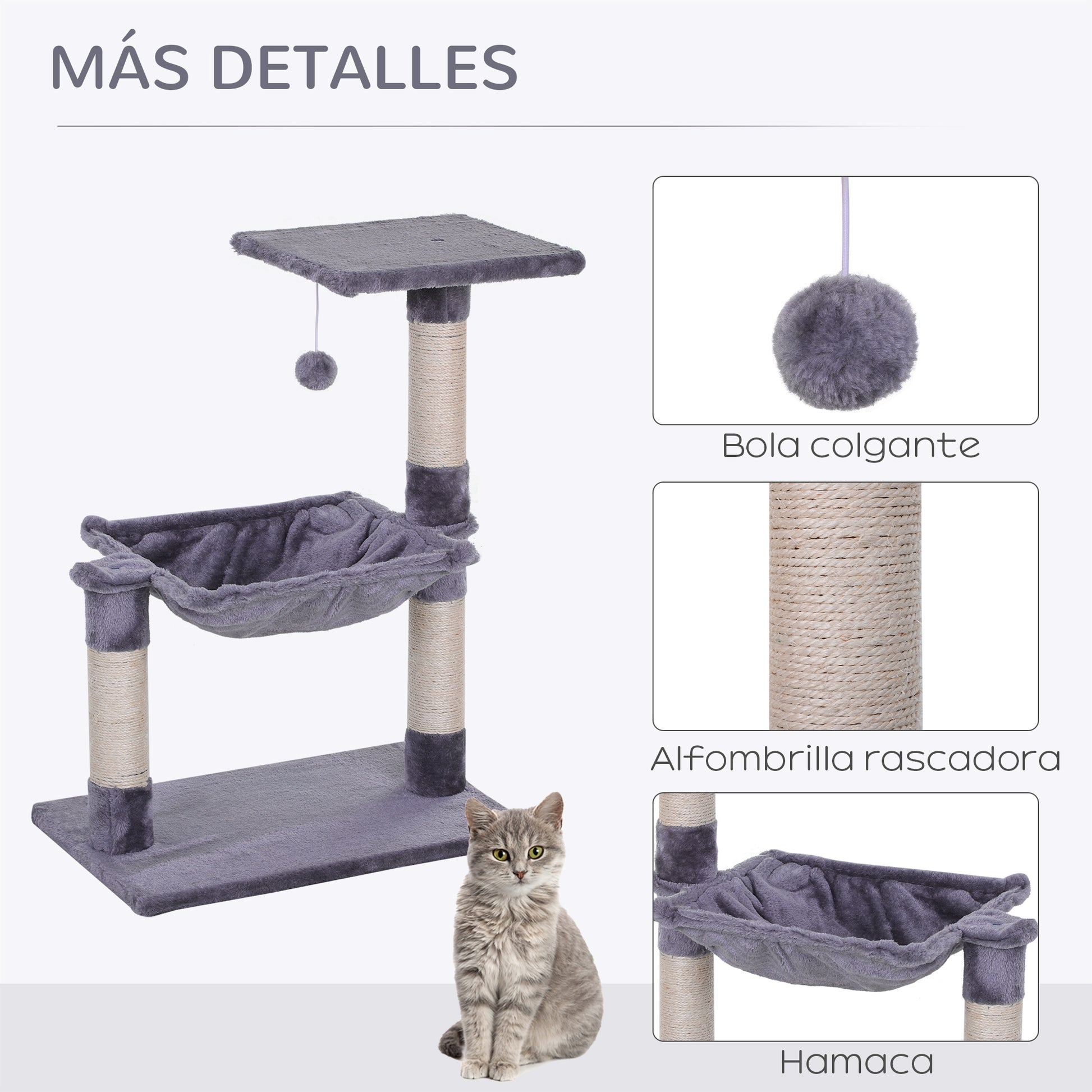 Pawhut Árbol Rascador Para Gatos 50x36x70 Cm Con Hamaca Plataforma Bola Gris_4