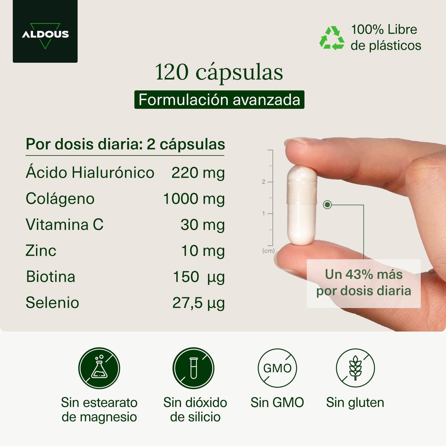 Ácido hialurónico + Colágeno, Vitamina C, Biotina, Zinc, Selenio Aldous BIO 120 cápsulas XL