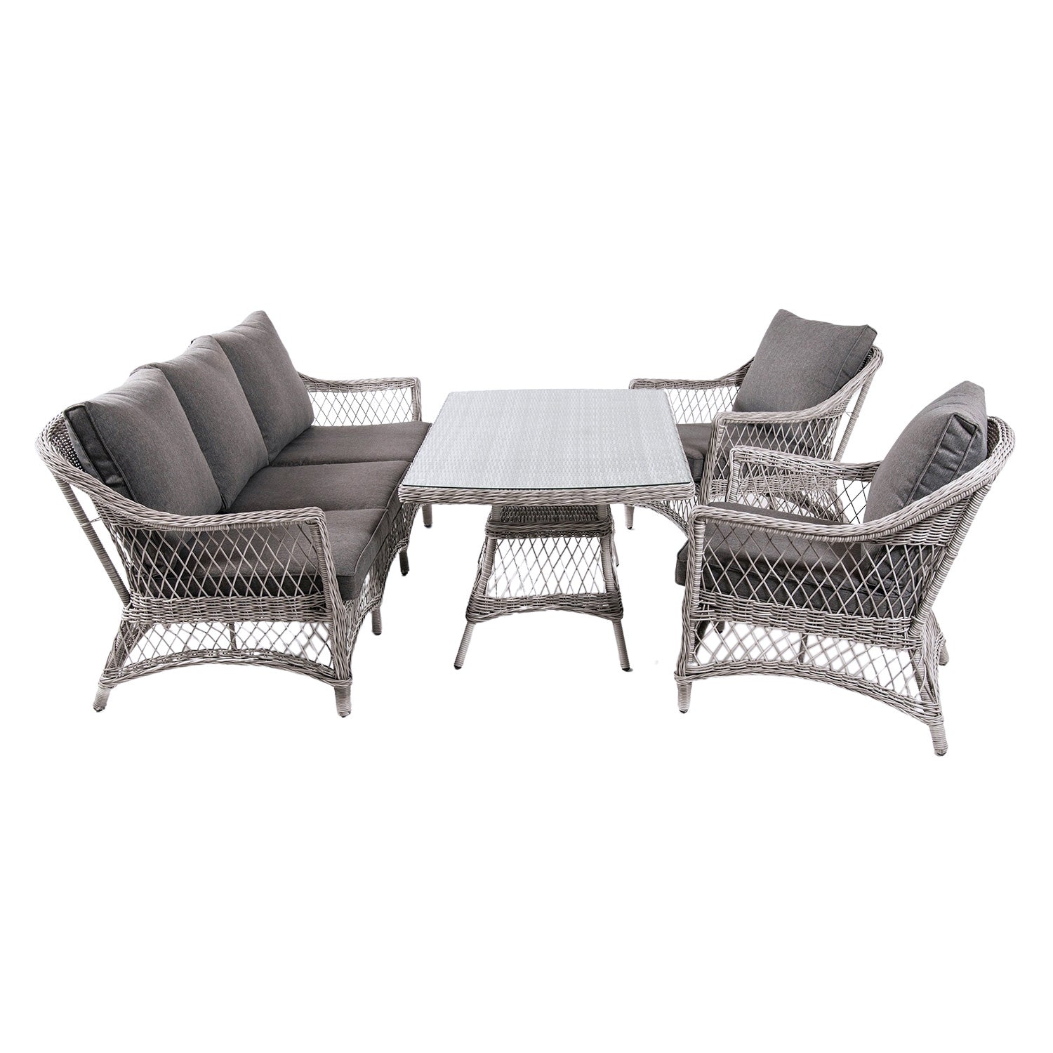 Conjunto Sofás De Jardín, Mesa Centro 140 Cm, 2 Butacas Y 1 Sofá 3 Plazas, Color Gris, Aluminio Y Rattán Sintético Abierto Redondo, 5 Plazas_0