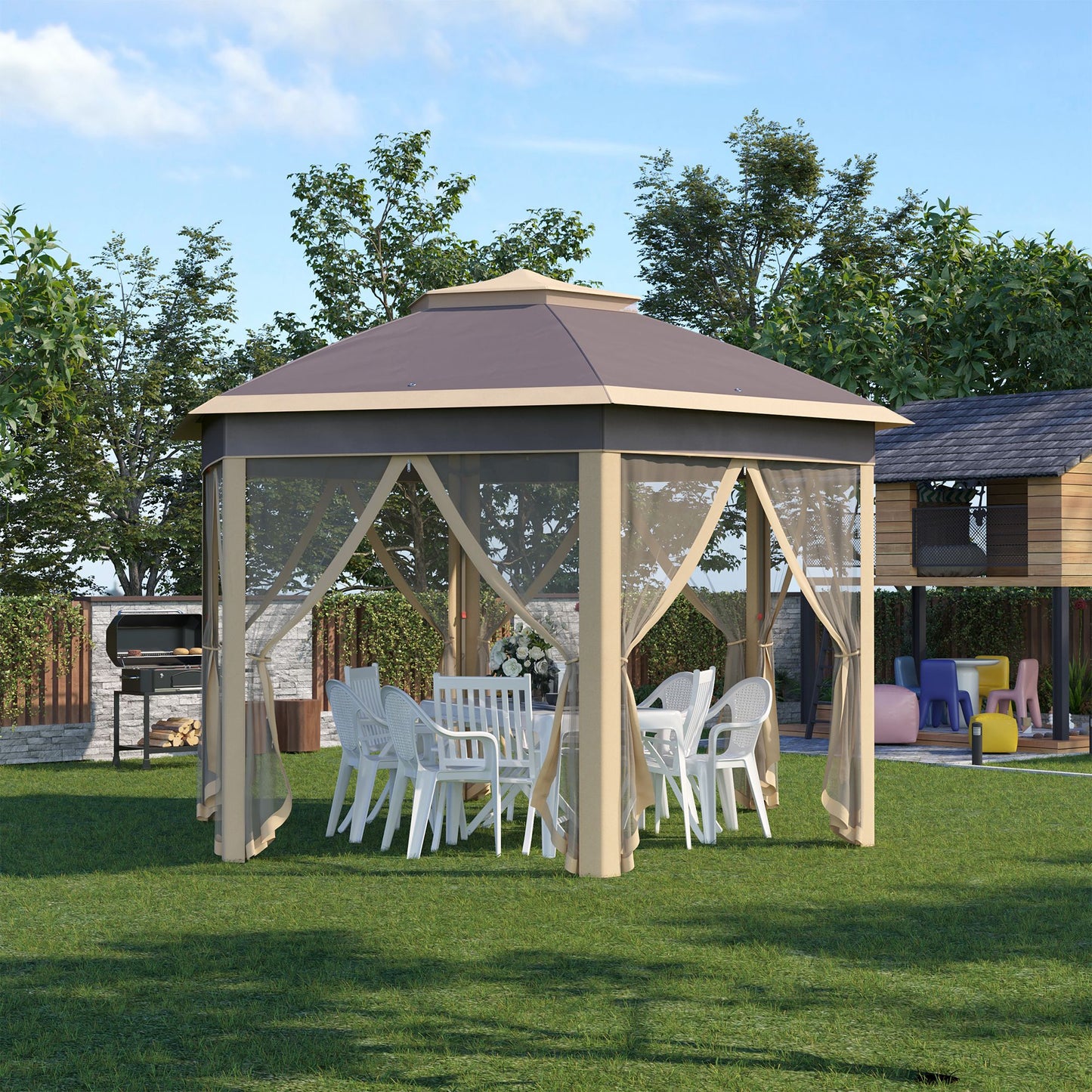 Outsunny Carpa Plegable Hexagonal 4,05x3,4x2,85 M Con Doble Techo Beige_1