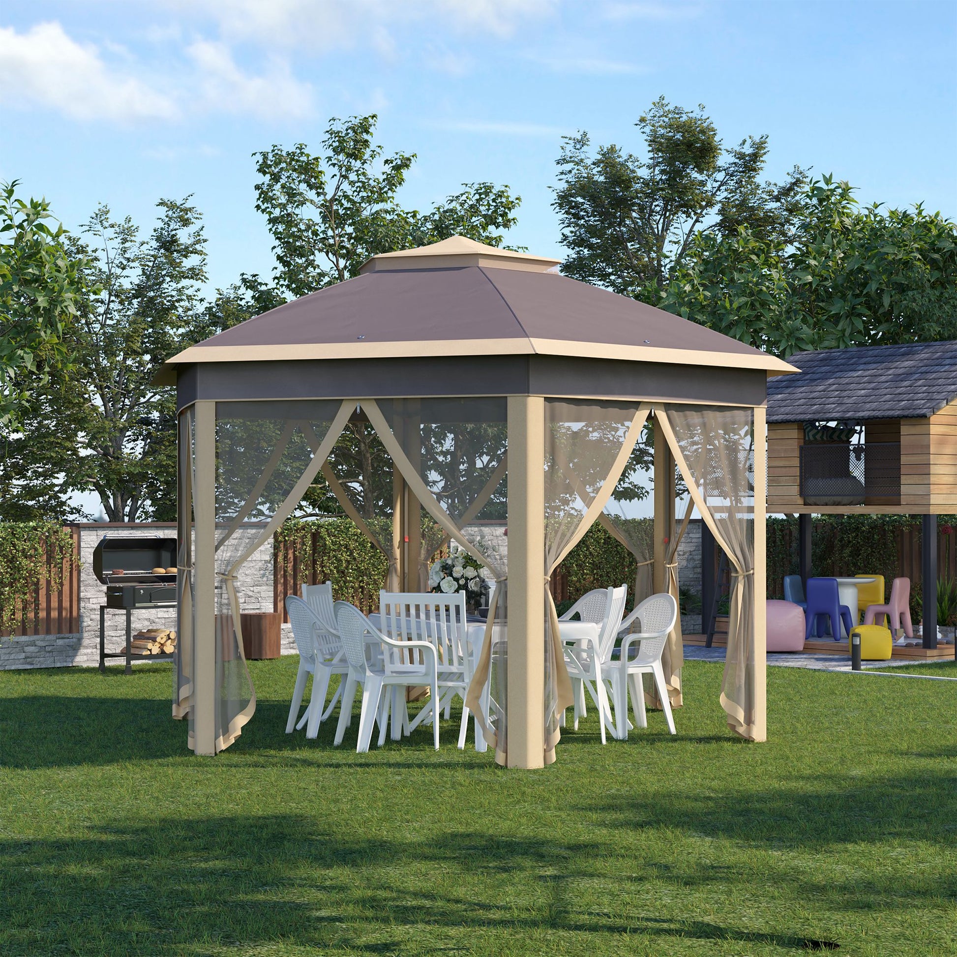 Outsunny Carpa Plegable Hexagonal 4,05x3,4x2,85 M Con Doble Techo Beige_1