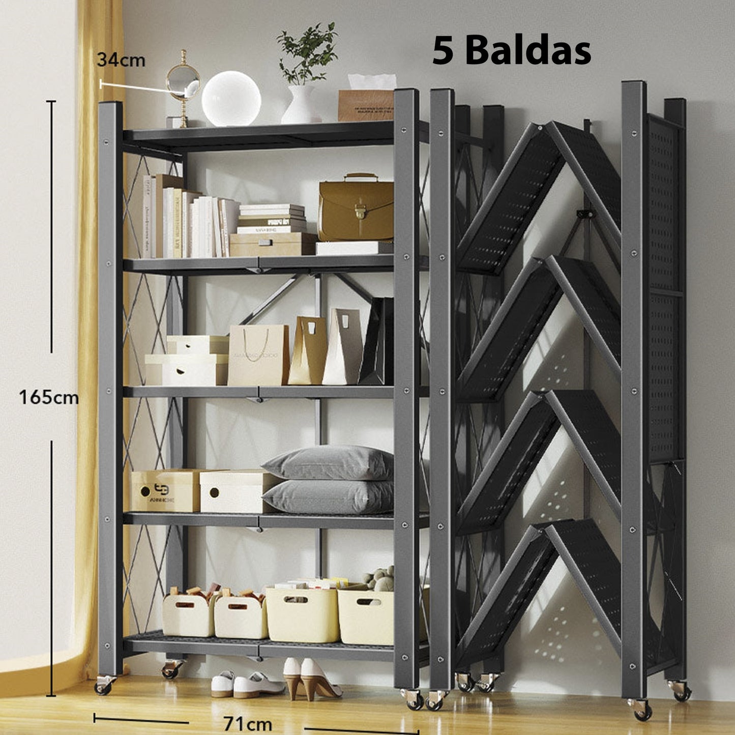 Joybos - Estantería De Almacenamiento Plegable De 5 Estantes Con Ruedas, Sin Montaje 71x34x165cm Negro_1