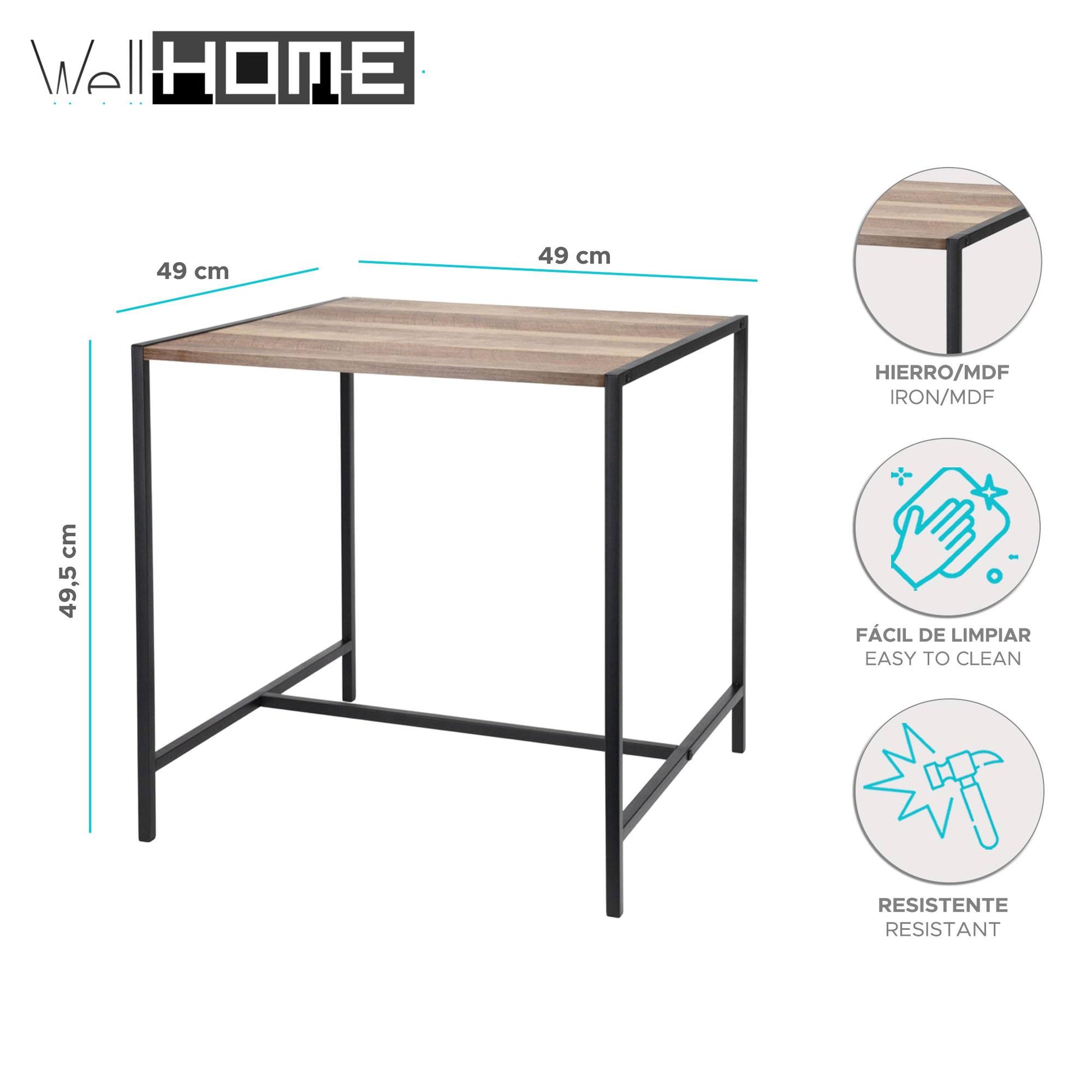 Well Home Mesa Auxiliar De Hierro Y Mdf 49x49,5x49,5cm
