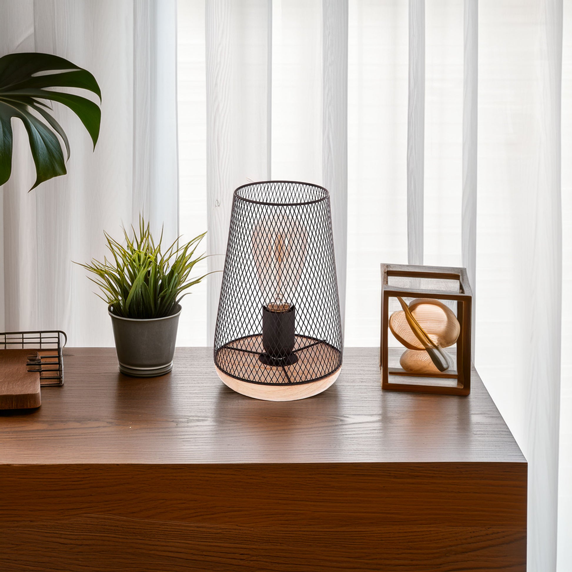 Wellhome Lámpara Metal Madera Negra H.23cm_3