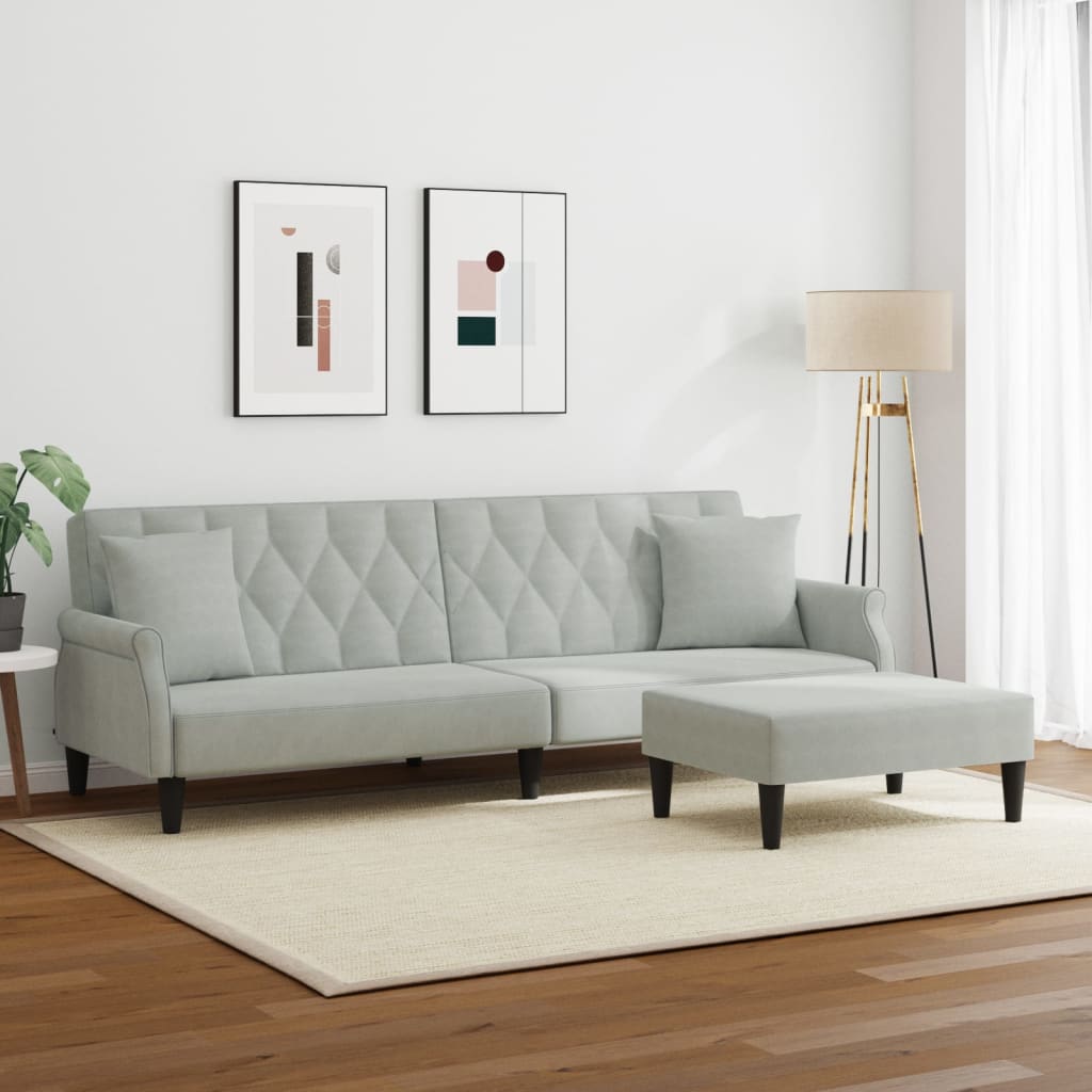 Sofá Cama 2 Plazas Con Almohadas Taburete Terciopelo Gris Claro / Vetonek_5
