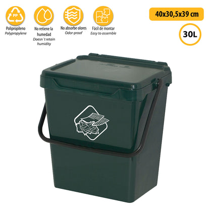 Cubo De Polipropileno Con La Manija Y La Cubierta, De Color Verde, 30 Lt. 400x305x390 Mm