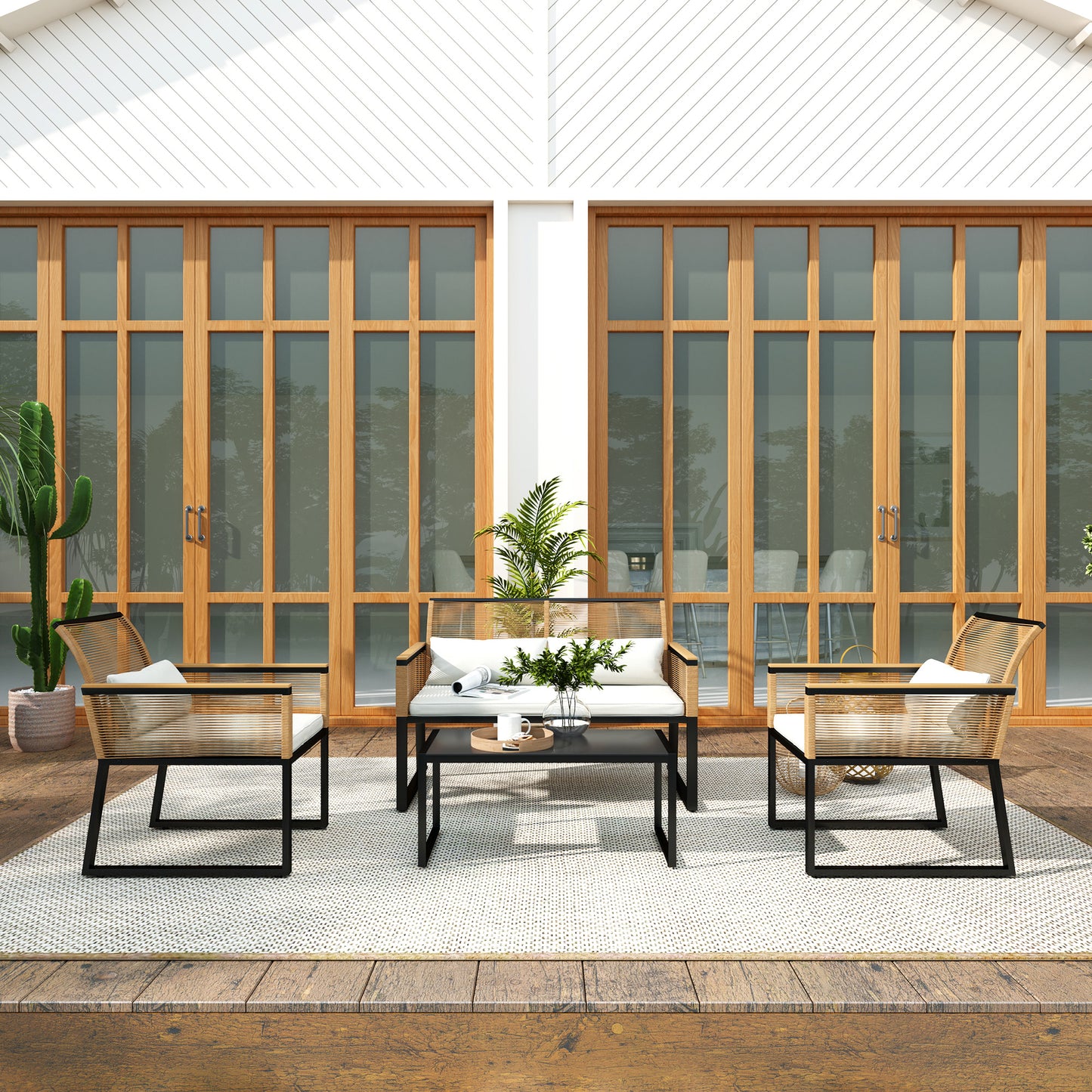Outsunny Conjunto De Jardín Exterior De 4 Piezas De Ratán Natural Y Crema_4