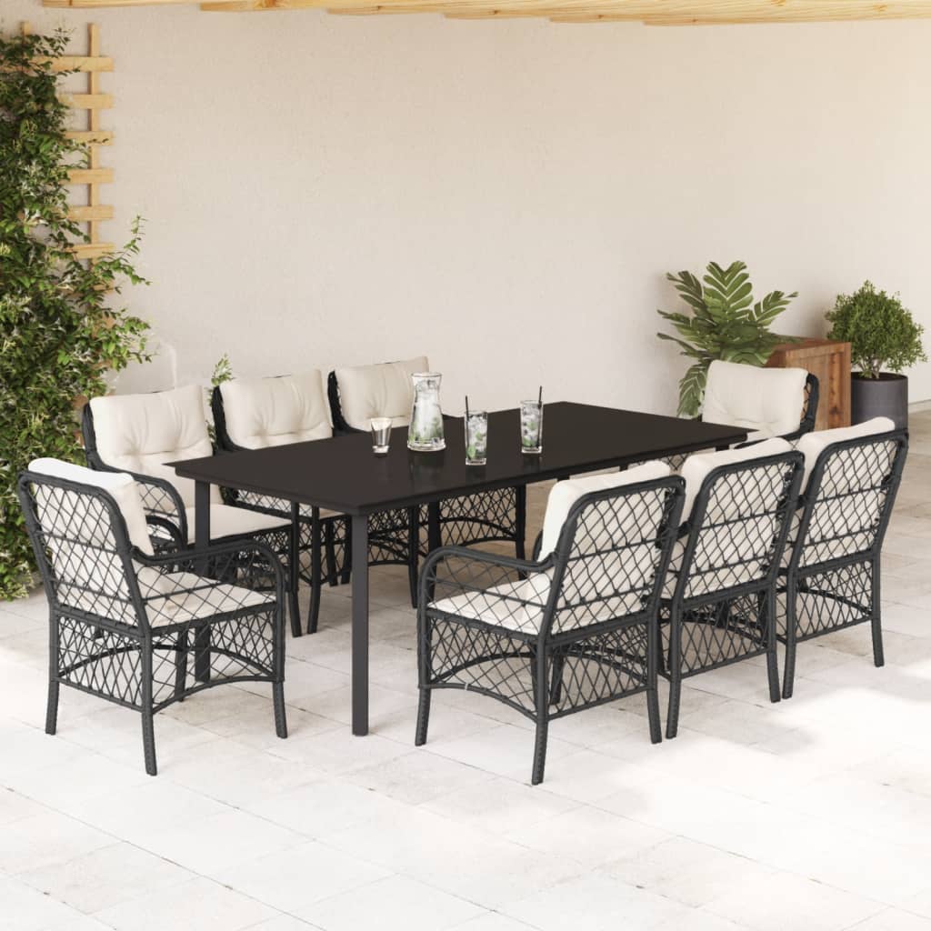 Set De Comedor De Jardín 9 Pzas Y Cojines Ratán Sintético Negro / Vetonek_3