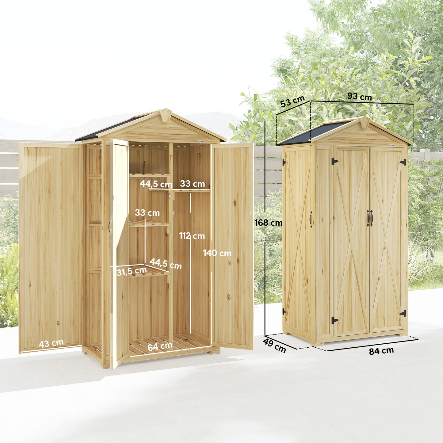 Outsunny Caseta De Jardín De Madera 93x53x168 Cm Con 4 Estantes Y 3 Puertas_2