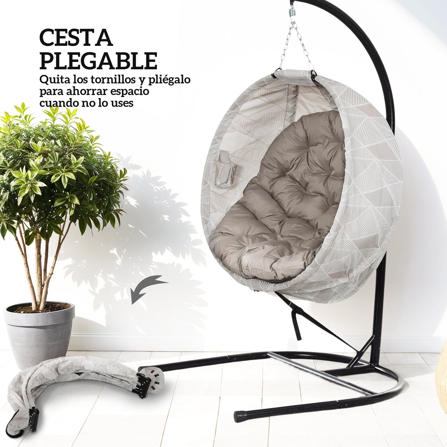 Outsunny Silla Colgante Huevo Con Soporte Cesta Plegable Cojín Arena Y Negro_5