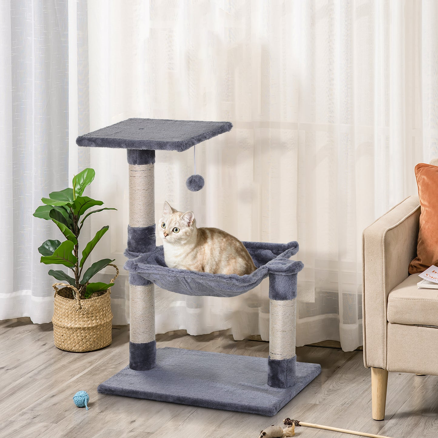 Pawhut Árbol Rascador Para Gatos 50x36x70 Cm Con Hamaca Plataforma Bola Gris_1