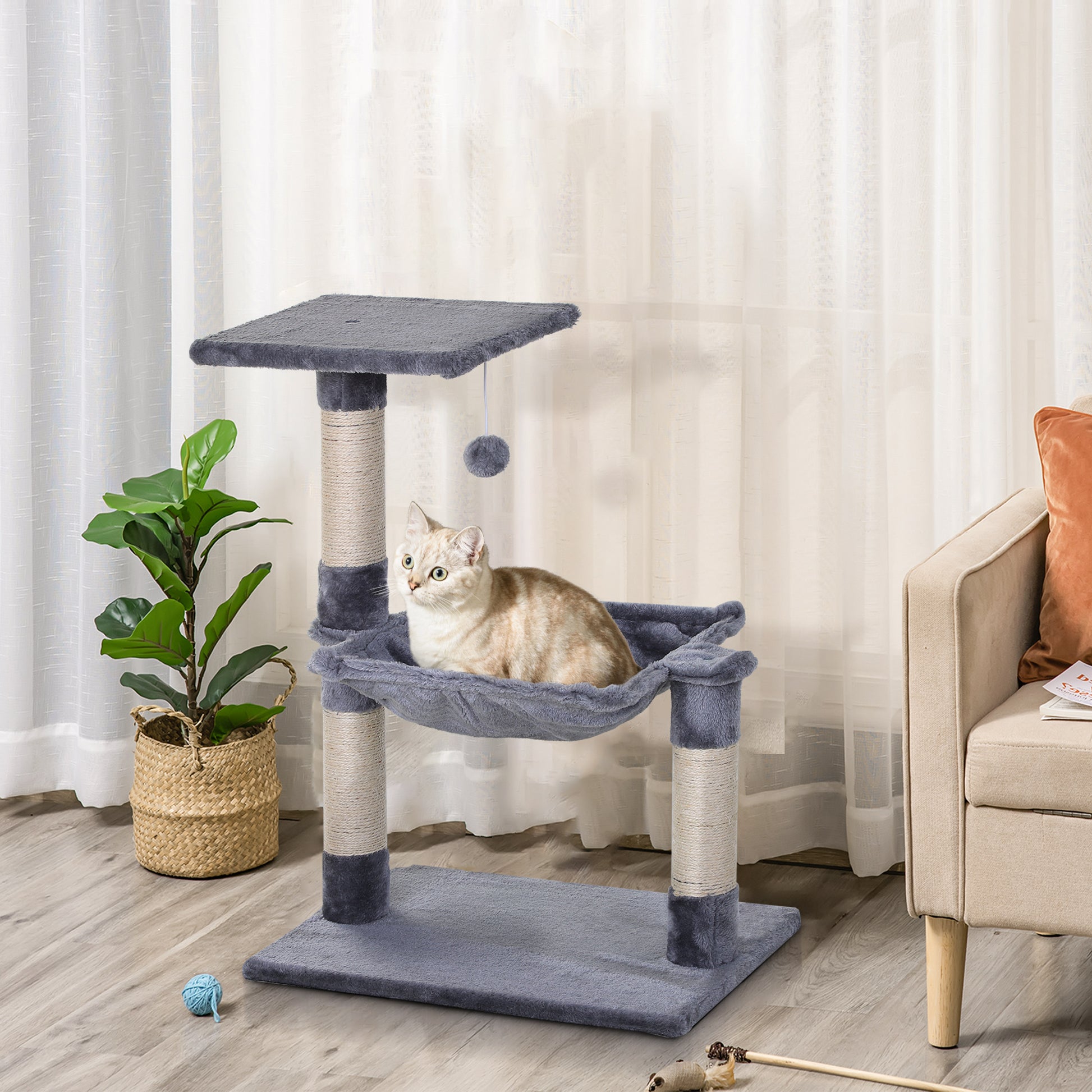 Pawhut Árbol Rascador Para Gatos 50x36x70 Cm Con Hamaca Plataforma Bola Gris_1