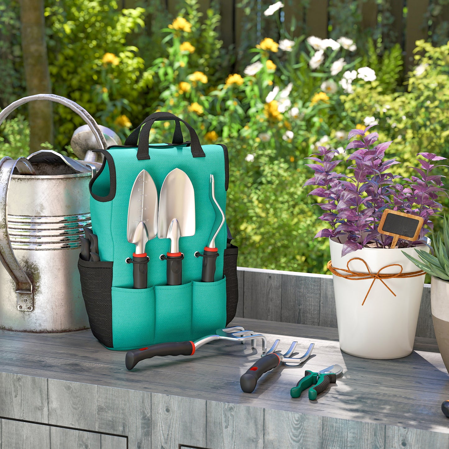Outsunny Juego De Herramientas Jardinería De 9 Piezas De Aluminio Con Bolsa_1