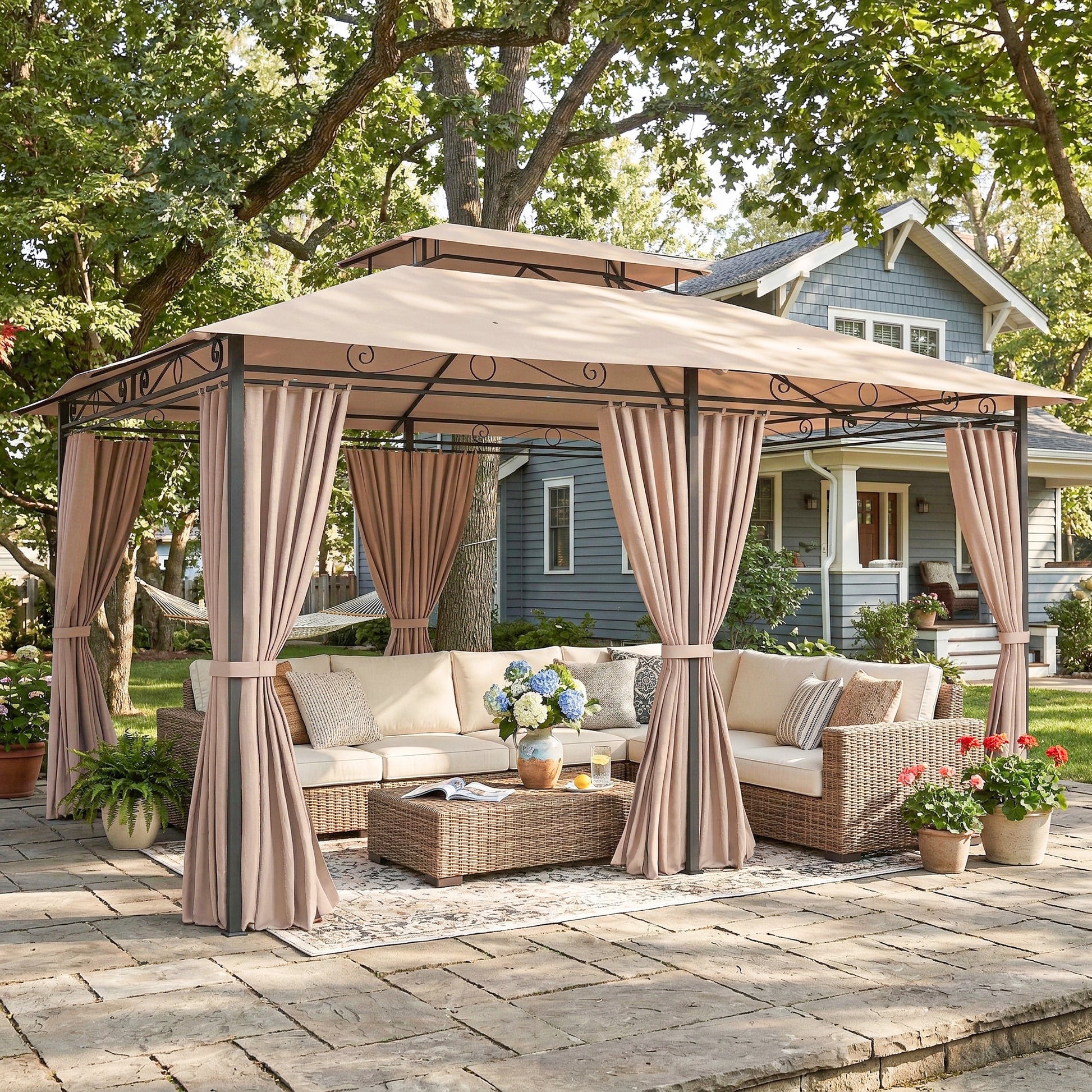 Outsunny Cenador Para Jardín 3x4 M Con Doble Techo Paredes Laterales Caqui_1