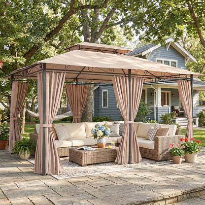 Outsunny Cenador Para Jardín 3x4 M Con Doble Techo Paredes Laterales Caqui_1