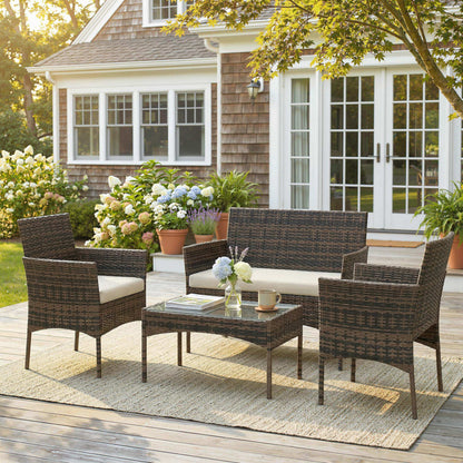 Outsunny Conjunto Jardín Exterior De Ratán Sintético Con Cojines Marrón_1
