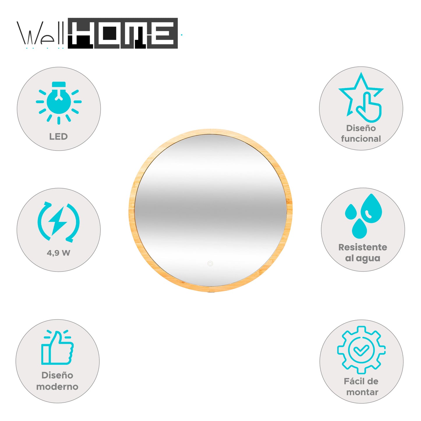 Well Home - Espejo De Pared Redondo, Con Luz Led_1