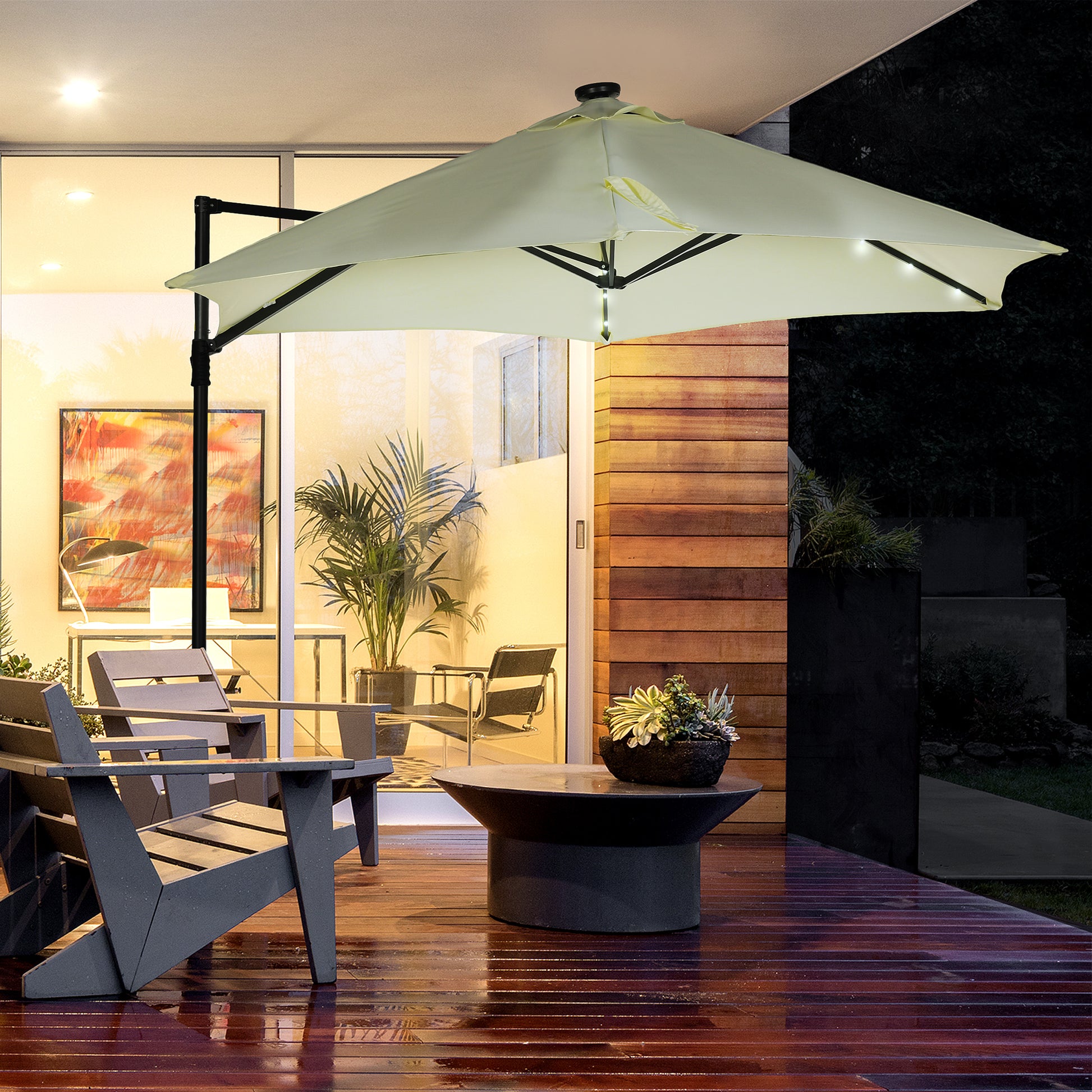 Outsunny Sombrilla De Jardín Ø256x248 Cm Con Luces Led Solares Beige_1