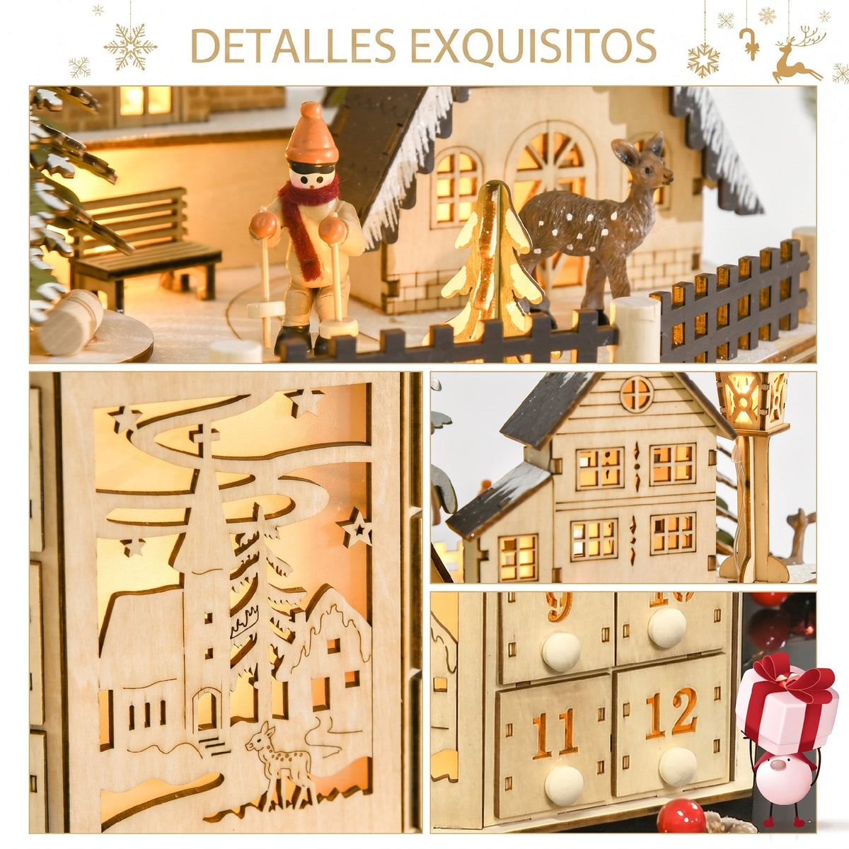 Homcom Calendario De Adviento Para Rellenar De Madera Con Luces Led Y 24 Cajones_5