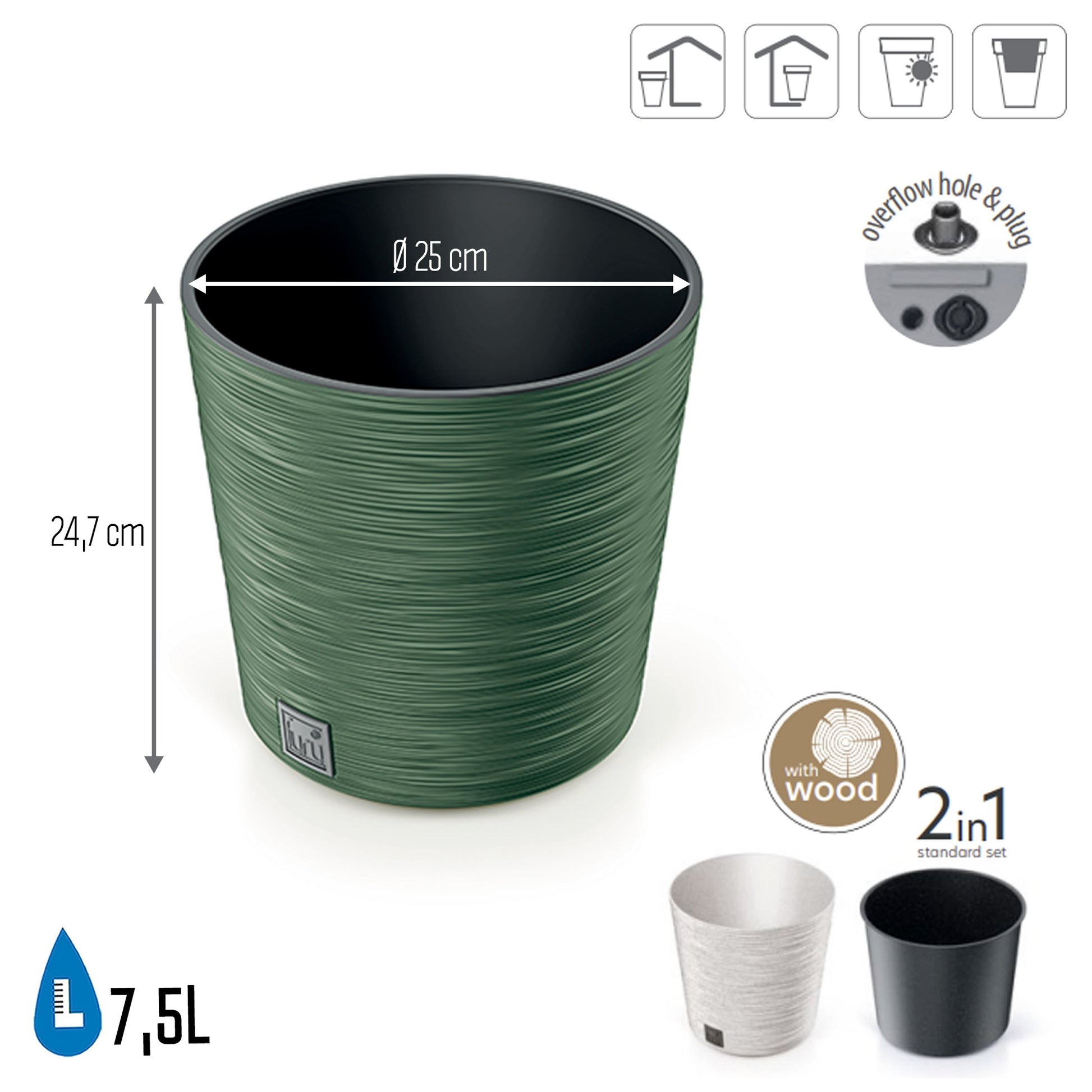 Macetero Color Verde Tierra, Con Depósito, Colección Furu, De 25 X 25 X 24,7 Cm, Capacidad De 7,5 L._1