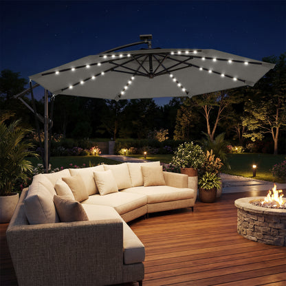 Outsunny Parasol Excéntrico De Aluminio Con Luces Led Base Cruzada Ø345 Cm Gris_1