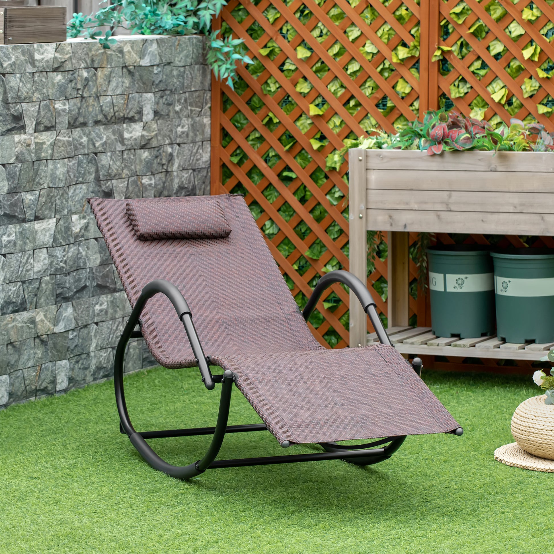 Outsunny Tumbona Mecedora De Exterior Con Reposabrazos Y Reposacabezas Marrón_1