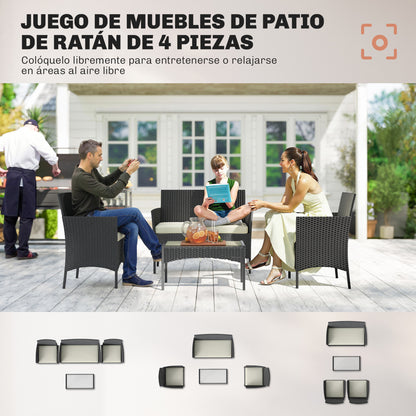 Outsunny Conjunto Jardín Exterior De Ratán Sintético Con Cojines Negro Y Crema_3