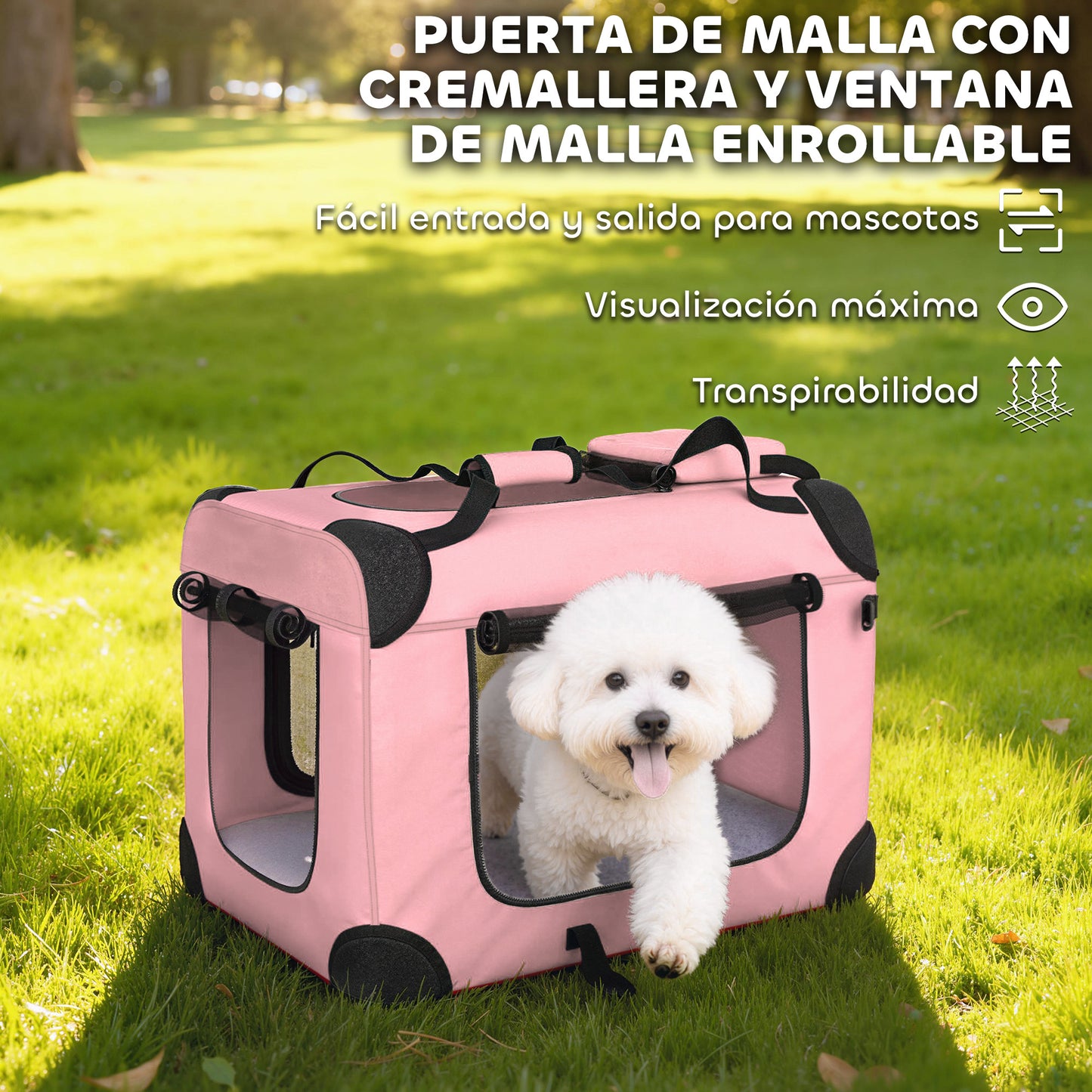 Pawhut Transportín Perro Gato Plegable 60x41,5x41 Cm Con Puertas Cojín Rosa_5