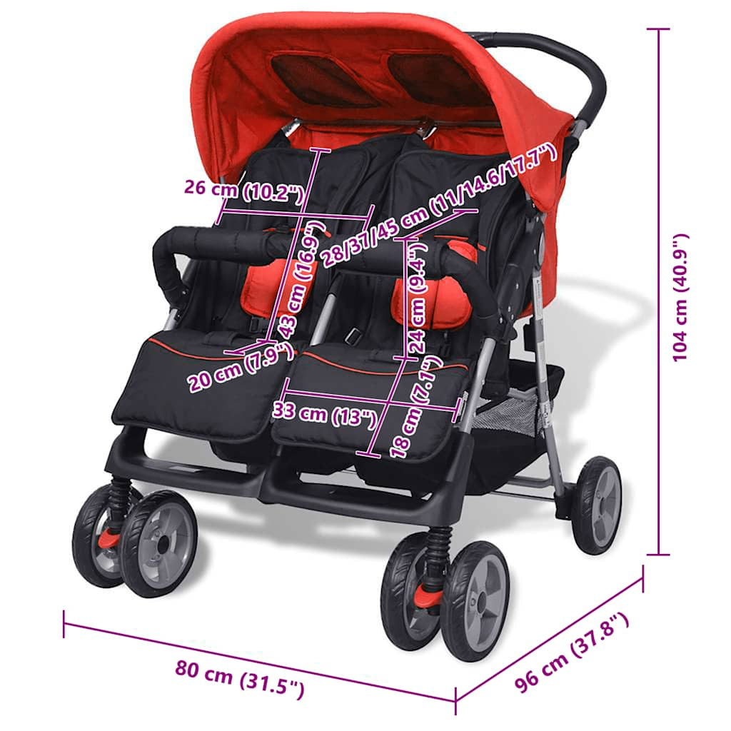 Vidaxl Cochecito Gemelar De Acero Rojo Y Negro_2
