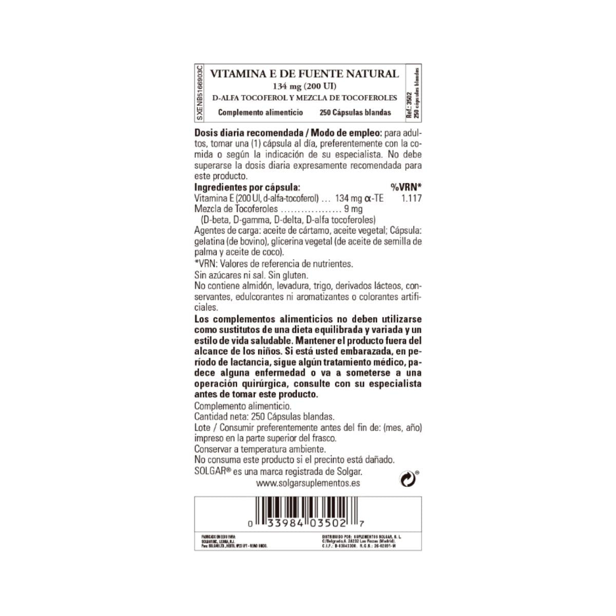 Vitamina E 200UI 134mg  250 cápsulas