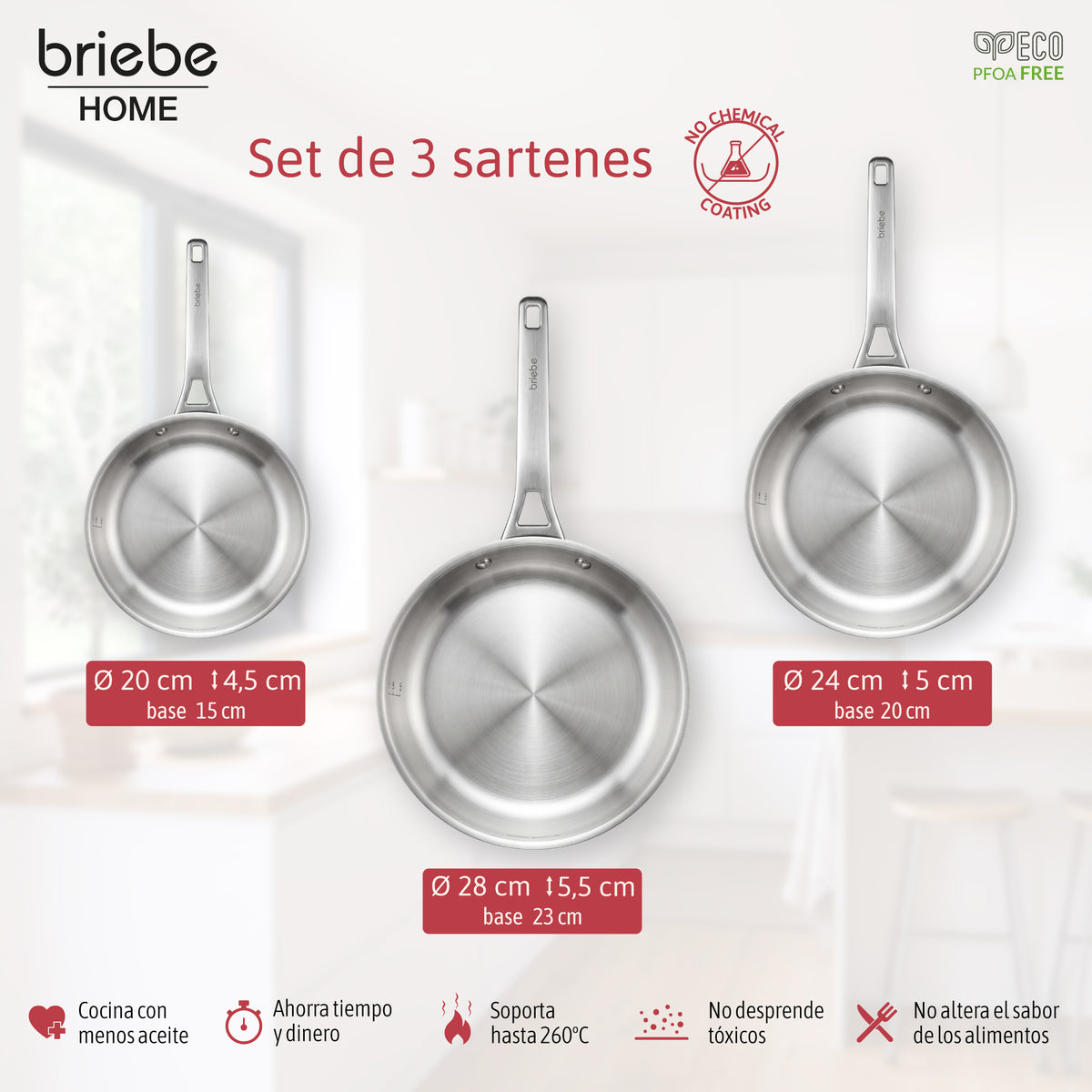 Briebe Pure Inox Juego De 3 Sartenes Acero Inoxidable Inducción 20-24-28 Cm, 3 Capas Tri-ply, Sin Antiadherente_3