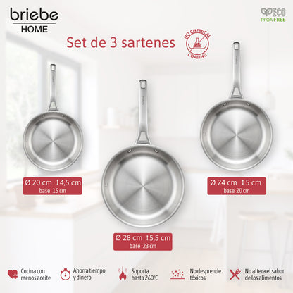Briebe Pure Inox Juego De 3 Sartenes Acero Inoxidable Inducción 20-24-28 Cm, 3 Capas Tri-ply, Sin Antiadherente_3