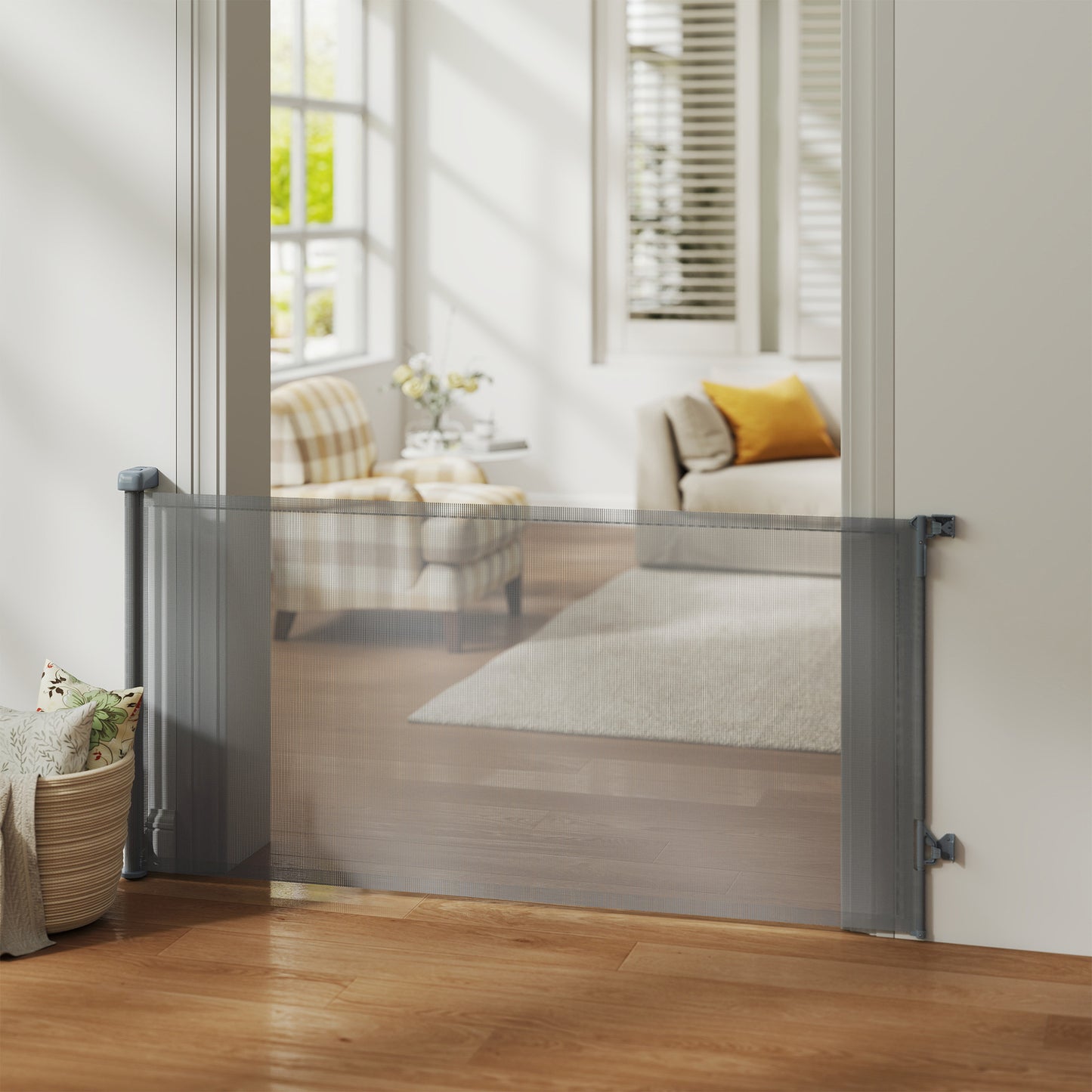 Pawhut Barrera De Seguridad Para Perros Retráctil Extensible Hasta 180 Cm Gris_1