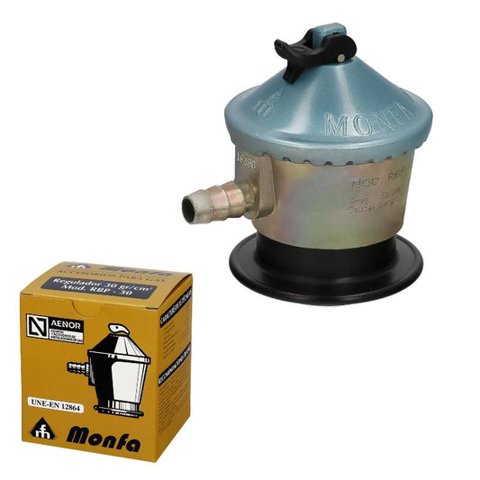Regulador Gas Butano Monfa (30 Grms./cm2) Alcachofa Gas, Regulador Gas Butano. Presión 29 Mbar. Caudal 2,5 Kg/hora