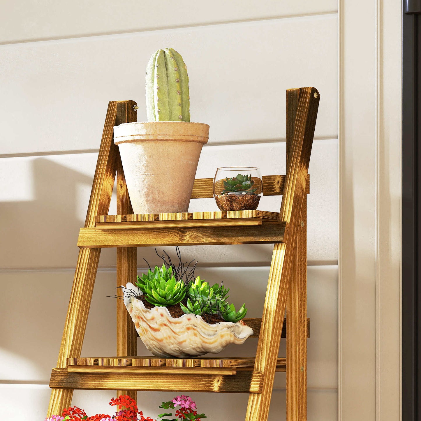 Outsunny Soporte Para Plantas De Madera De 3 Niveles Plegable 40x37x93cm Natural_4