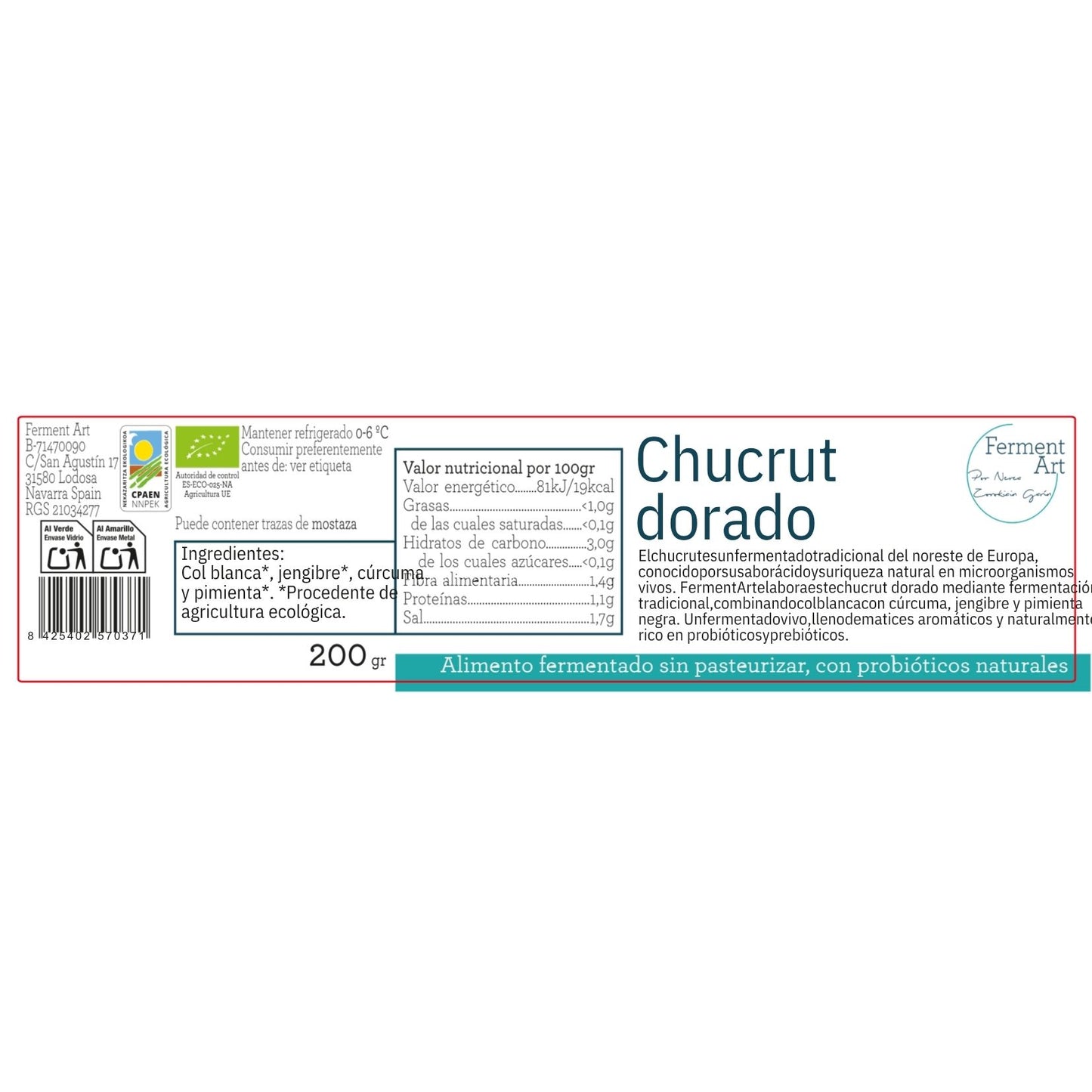 Chucrut Dorado Eco Sin Pasteurizar Ferment Art 200 Gr_1