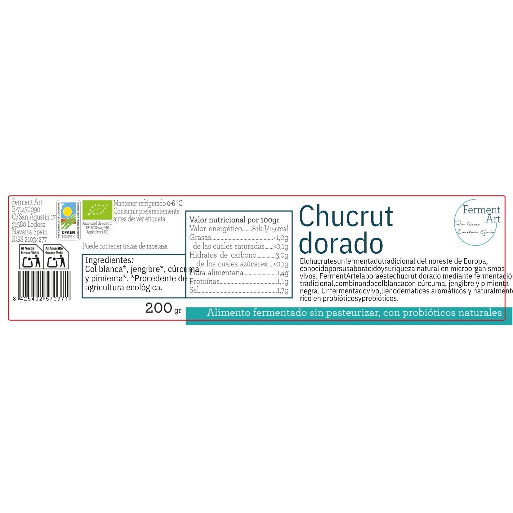 Chucrut Dorado Eco Sin Pasteurizar Ferment Art 200 Gr_1