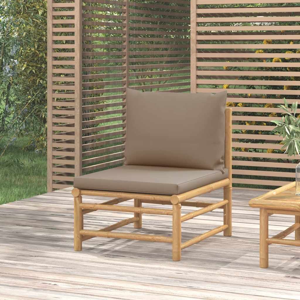 Vidaxl Sofá Central De Jardín Bambú Con Cojines Gris Taupe_1