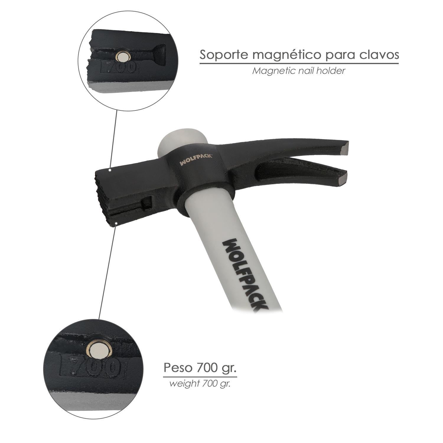 Martillo Encofrador Magentico Fibra Vidrio Mango Fibra Vidrio Con Empuñadura Antideslizante. 700 Gramos 50 Cm._3