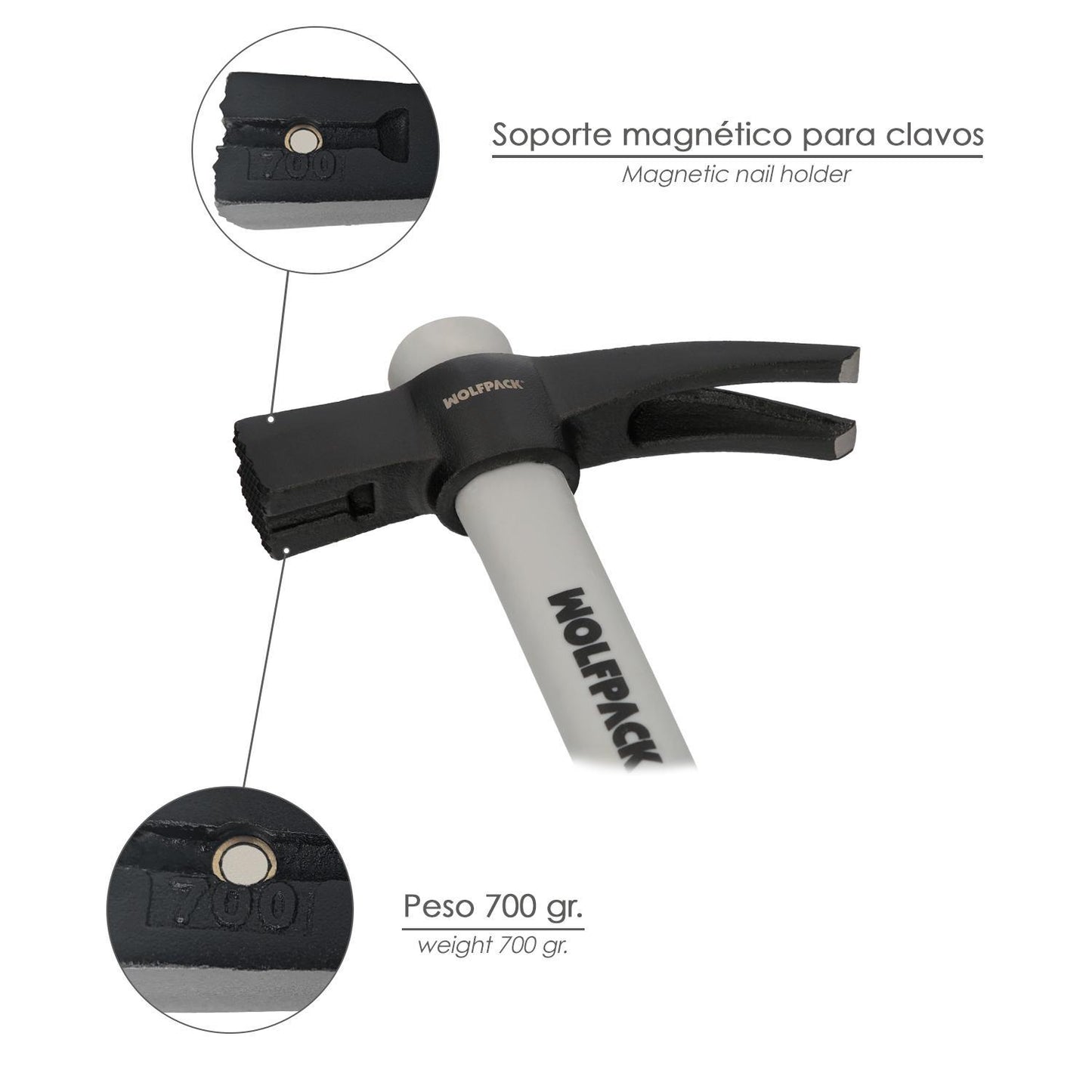 Martillo Encofrador Magentico Fibra Vidrio Mango Fibra Vidrio Con Empuñadura Antideslizante. 700 Gramos 50 Cm._2