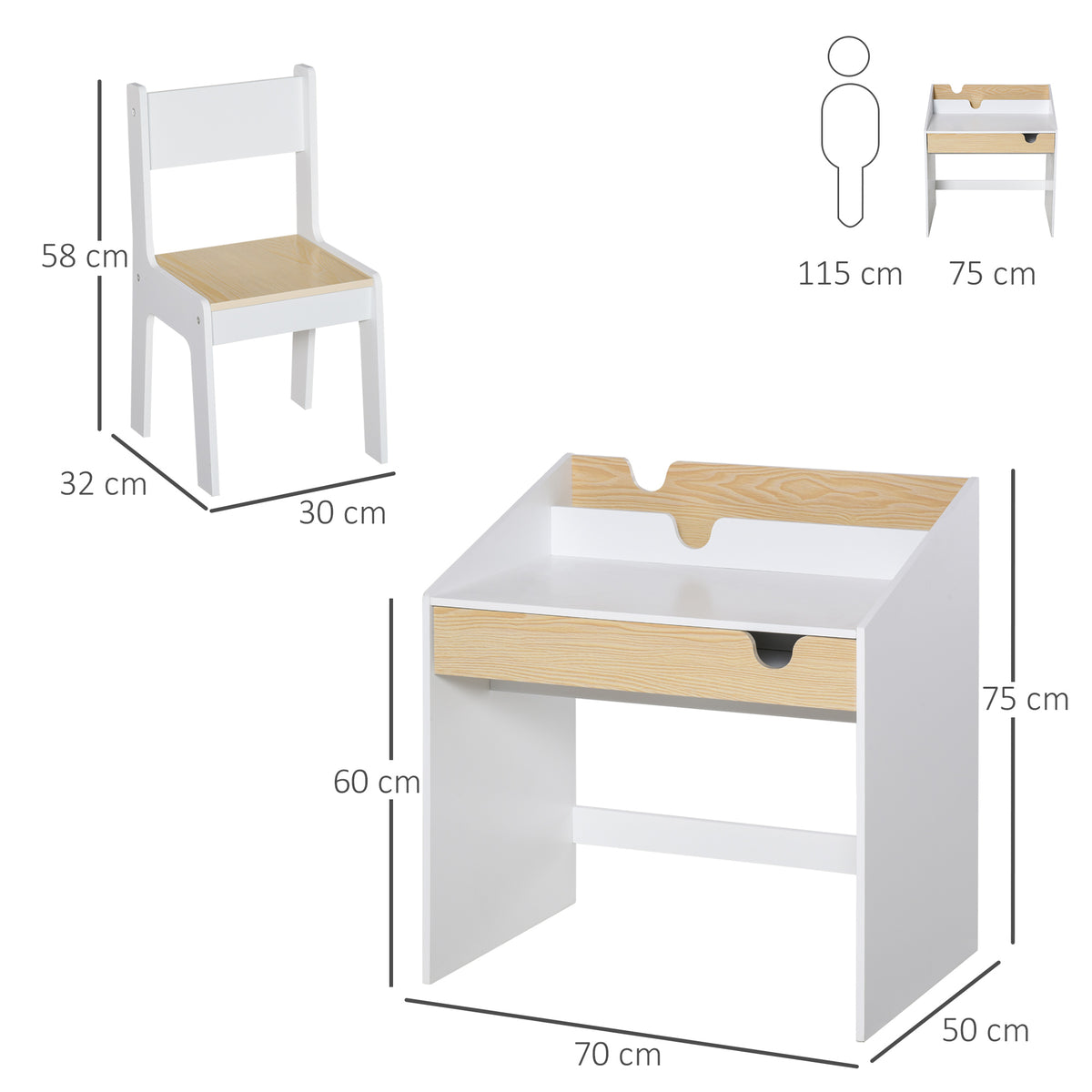 Secretária Para Crianças Homcom Branco E Madeira Mdf 70x50x75cm_2
