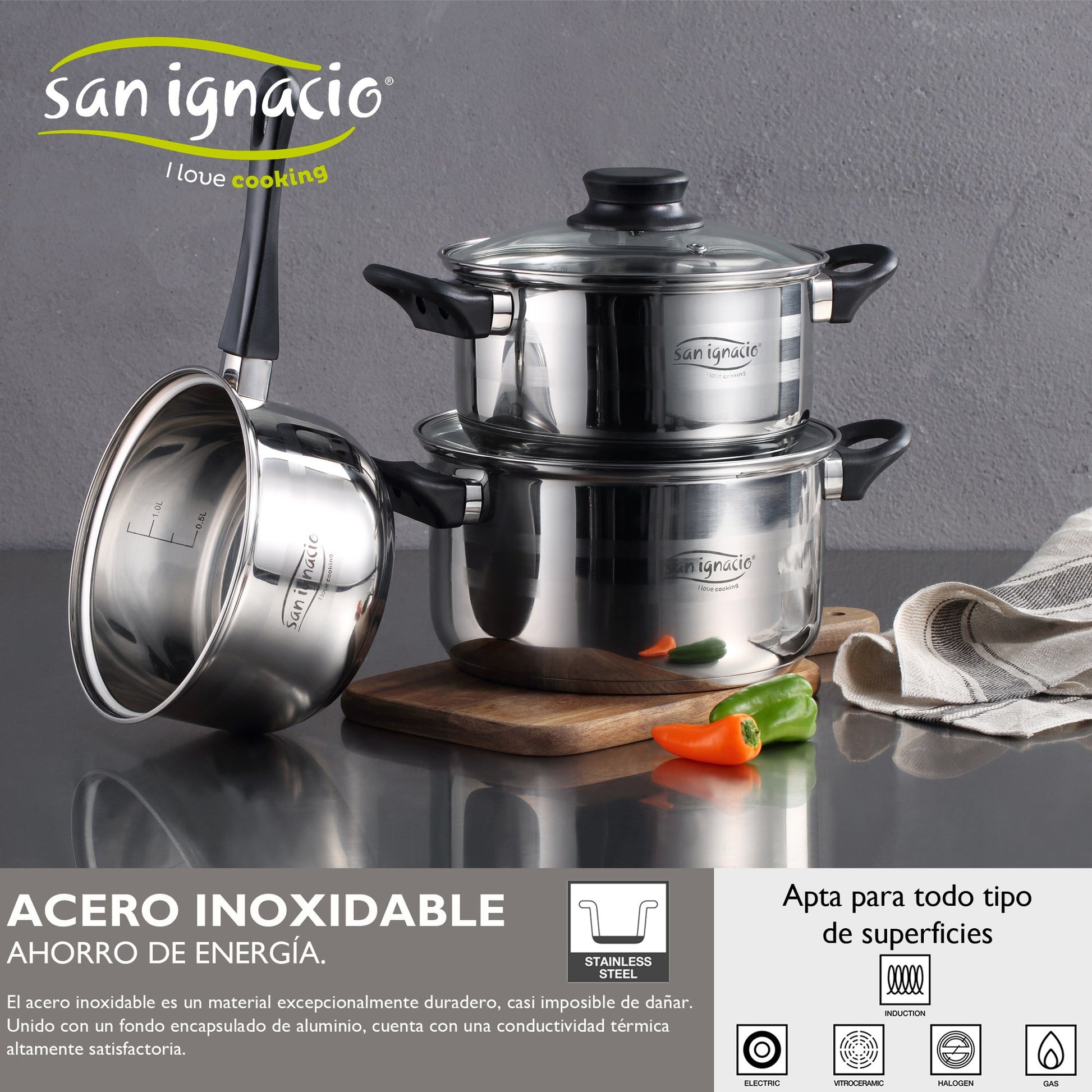 San Ignacio Set Batería De Cocina De 5 Piezas Acero Inoxidable + 3 Sartenes Ø16/20/24 Cm Aluminio Prensado, Aptas Para Inducción