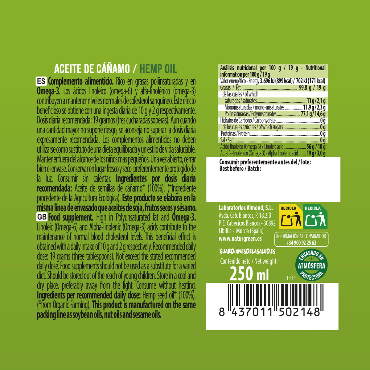 Aceite de Cañamo Bio, NaturGreen 250 ml