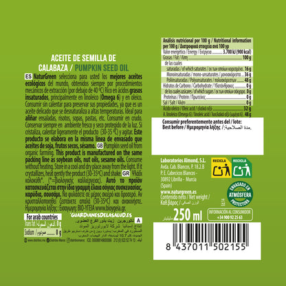 Aceite de Semillas de Calabaza Bio NaturGreen, 250 ml