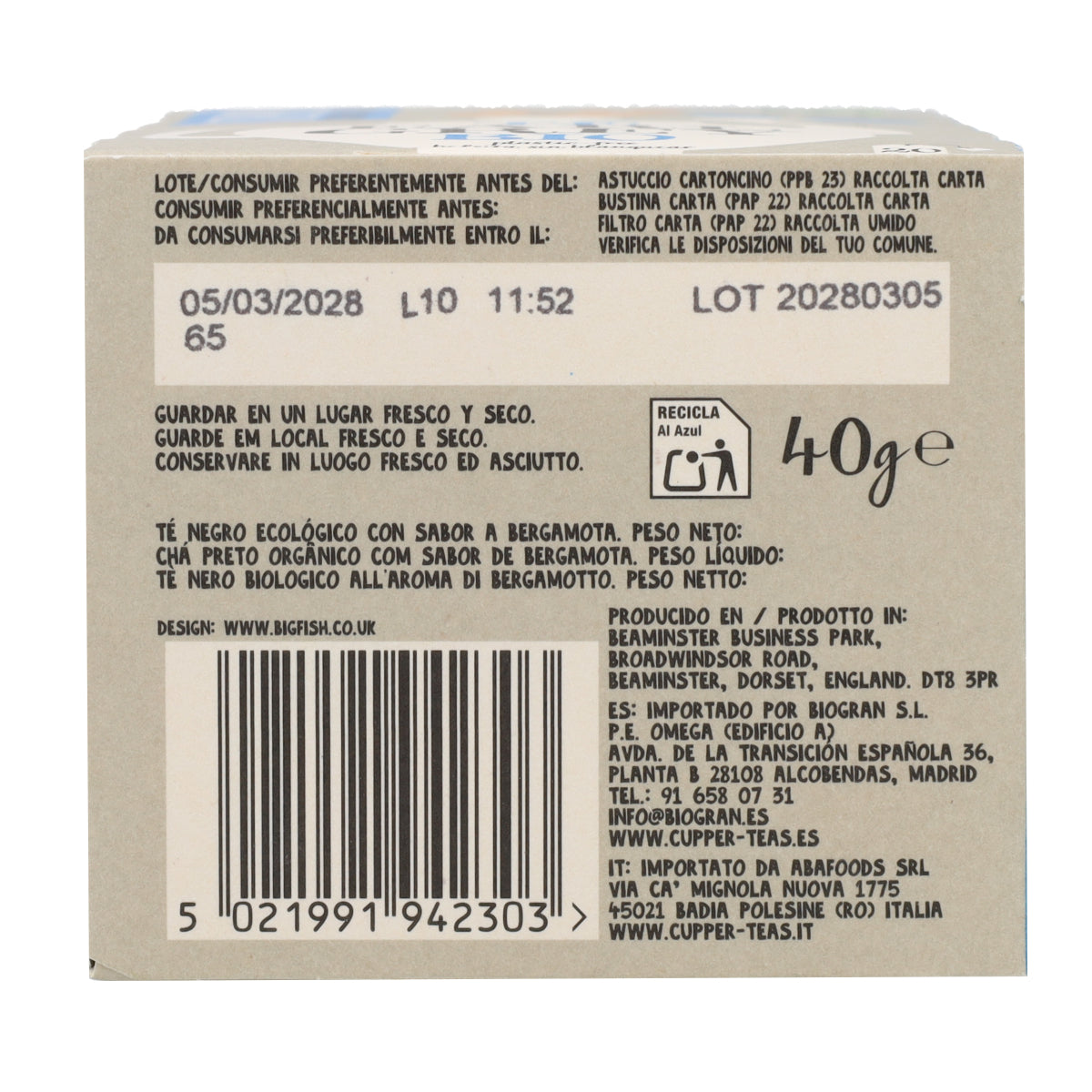 Té Negro Earl Grey Bio Cupper 20 bolsitas