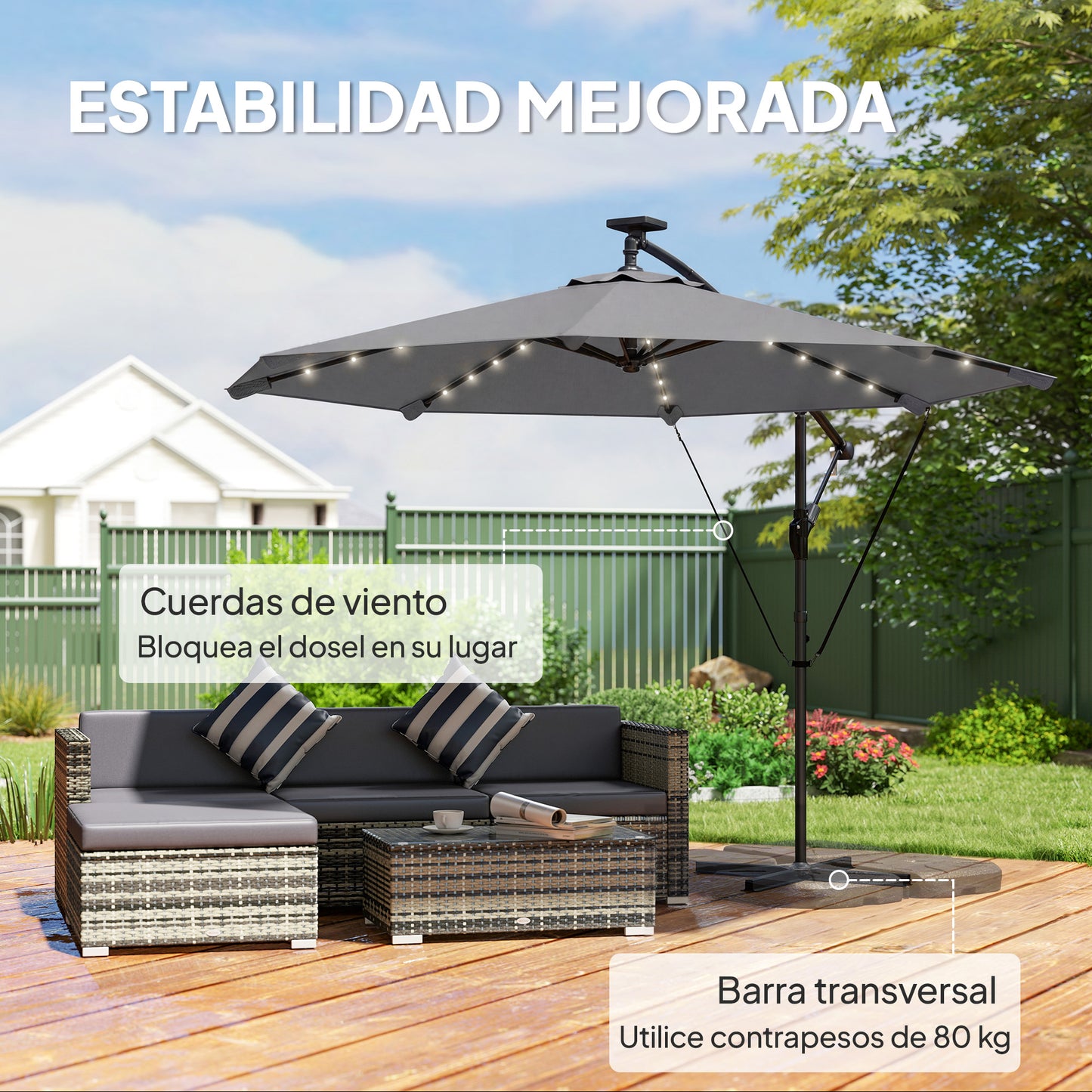 Outsunny Parasol Excéntrico Con Luces Led Solares Base Cruzada 330x295 Cm Gris_5
